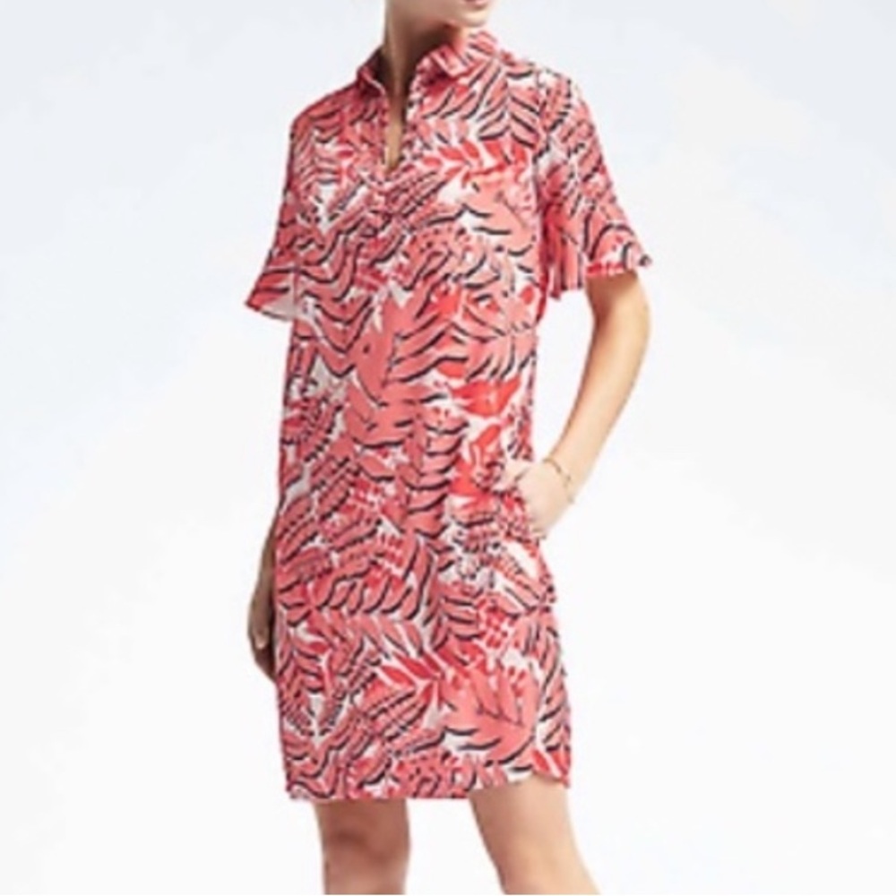 BR • Coral Palm Print Bell Sleeves Dress